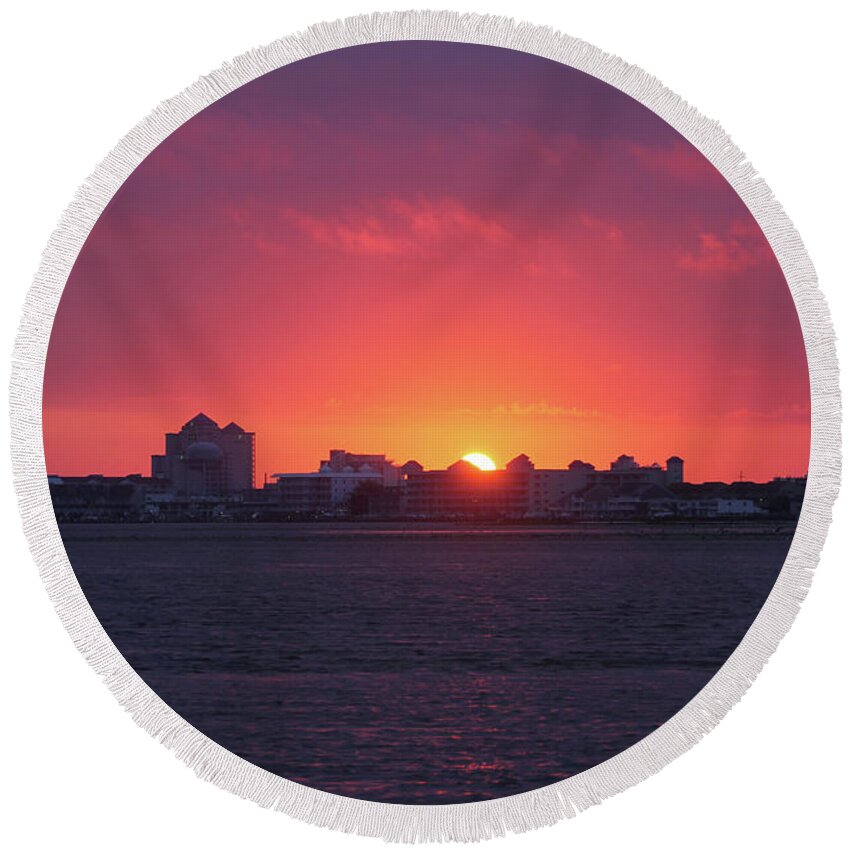 Water Round Beach Towel featuring the photograph Sunrise Over Ocean City Skyline by Robert Banach