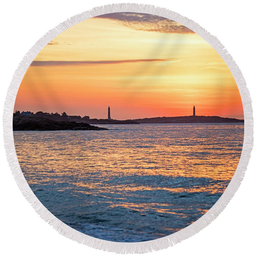 Gloucester Round Beach Towel featuring the photograph Sunrise over Thacher Island from Long Beach in Rockport MA Golden Sunrise by Toby McGuire