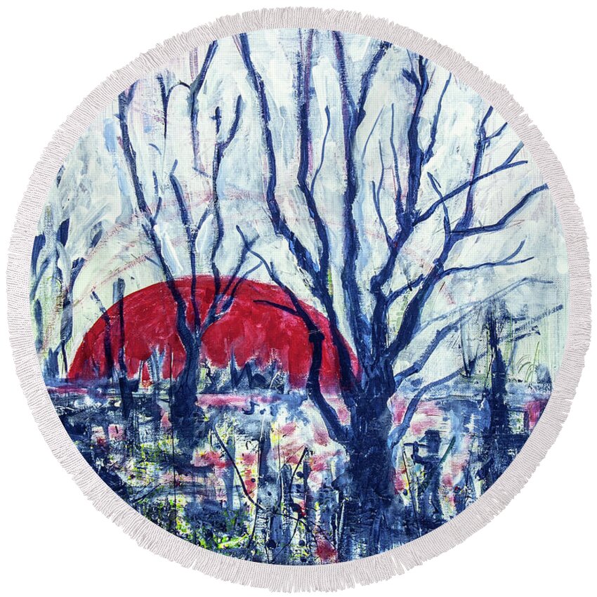 Landscape Round Beach Towel featuring the painting Sunrise over wetland by Maxim Komissarchik