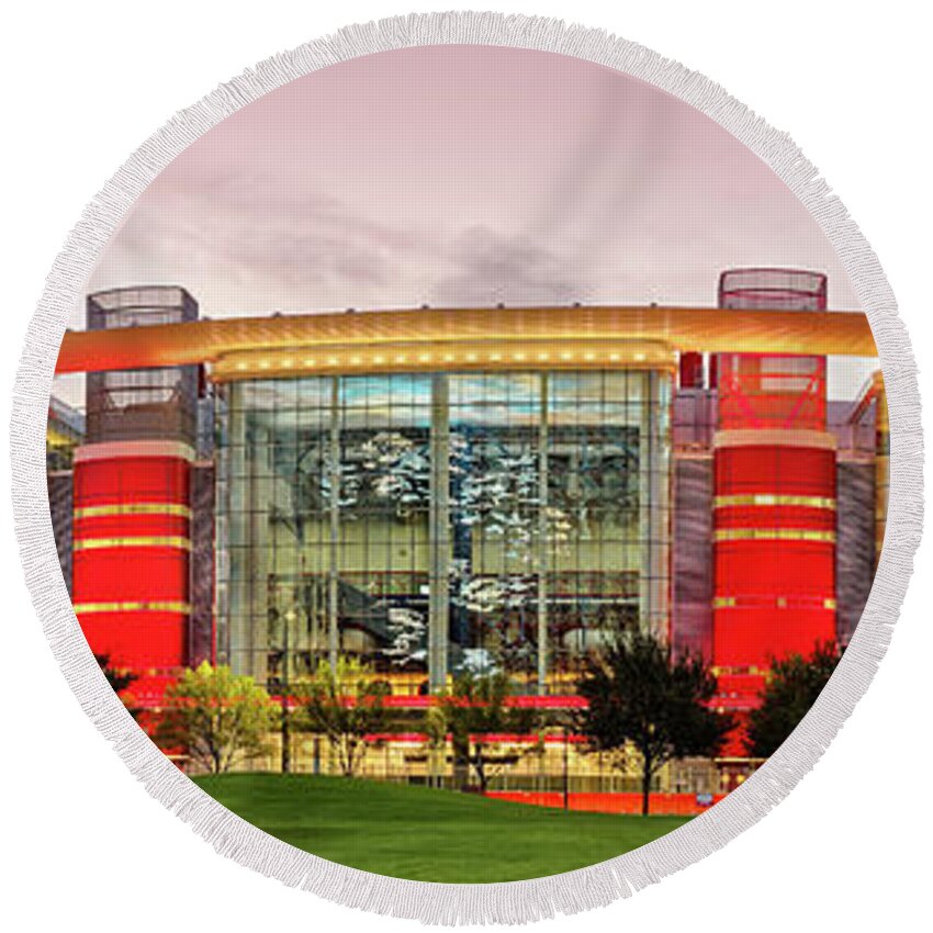 Downtown Round Beach Towel featuring the photograph Sunrise Panorama of George R Brown Convention Center in Downtown Houston - Texas by Silvio Ligutti