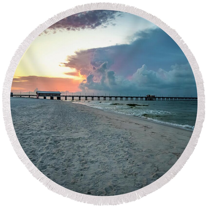 2017 Round Beach Towel featuring the photograph Sunrise Seascape Gulf Shores AL Pier 064A by Ricardos Creations