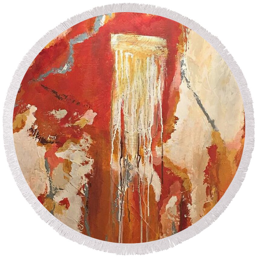Abstract Round Beach Towel featuring the painting Sunrise Springs by Mary Mirabal