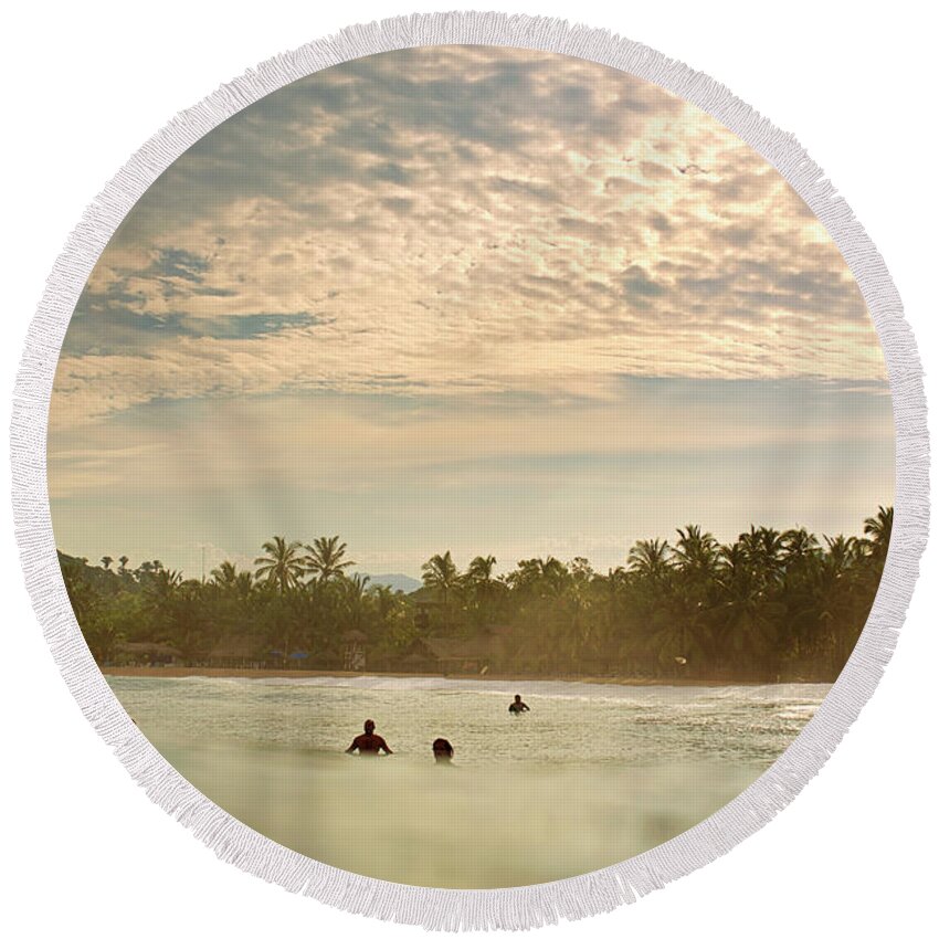 Surfing Round Beach Towel featuring the photograph Sunrise Surfers by Nik West