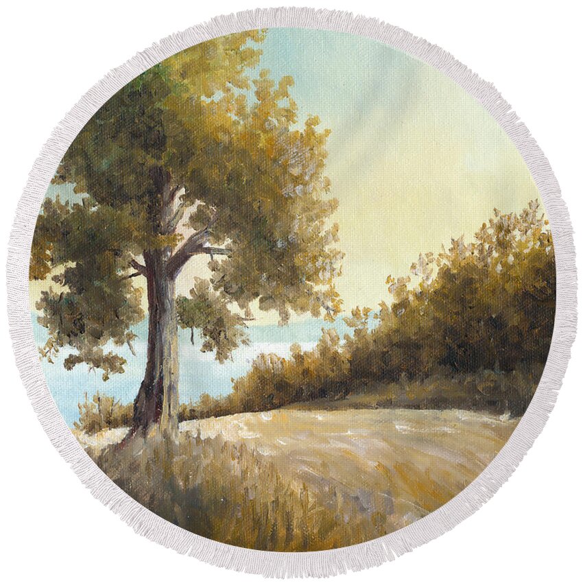 Landscape Round Beach Towel featuring the painting Sunrise Tree Plein Air by Douglas Castleman