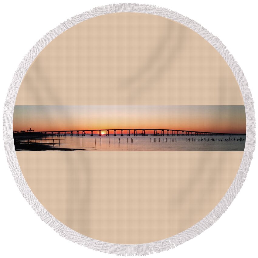 20120104 Round Beach Towel featuring the photograph Sunrise Under Navarre Bridge on Santa Rosa Sound Panoramic by Jeff at JSJ Photography