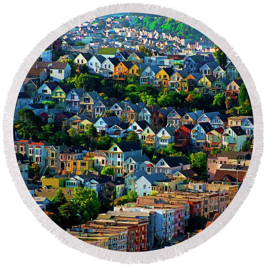 Noe Valley Round Beach Towel featuring the digital art Sunrise View Noe Valley San Francisco California 1988, Dry Brush Style by Kathy Anselmo