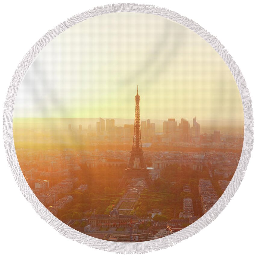 Eiffel Round Beach Towel featuring the photograph Sunset above Paris by Anastasy Yarmolovich