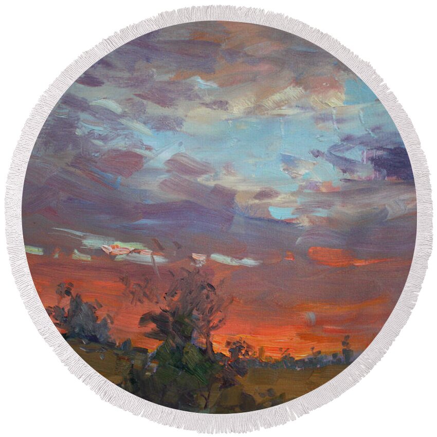 Sunset Round Beach Towel featuring the painting Sunset after Thunderstorm by Ylli Haruni