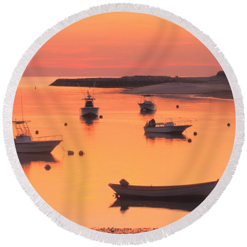 Cape Cod Round Beach Towel featuring the photograph Sunset and Great Blue Heron Pamet Harbor Cape Cod by John Burk