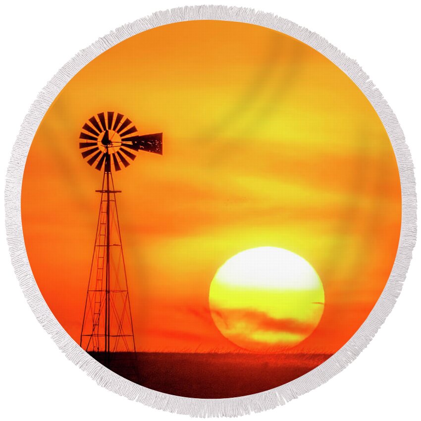 Kansas Round Beach Towel featuring the photograph Sunset and Windmill 16 by Rob Graham