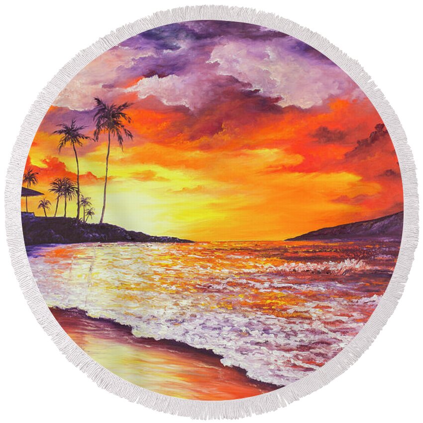 Darice Round Beach Towel featuring the painting Sunset At Kapalua Bay by Darice Machel McGuire