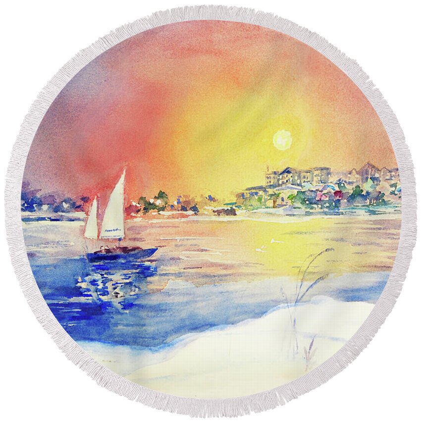 Orange Beach Round Beach Towel featuring the painting Sunset at Perdido Pass by Jerry Fair