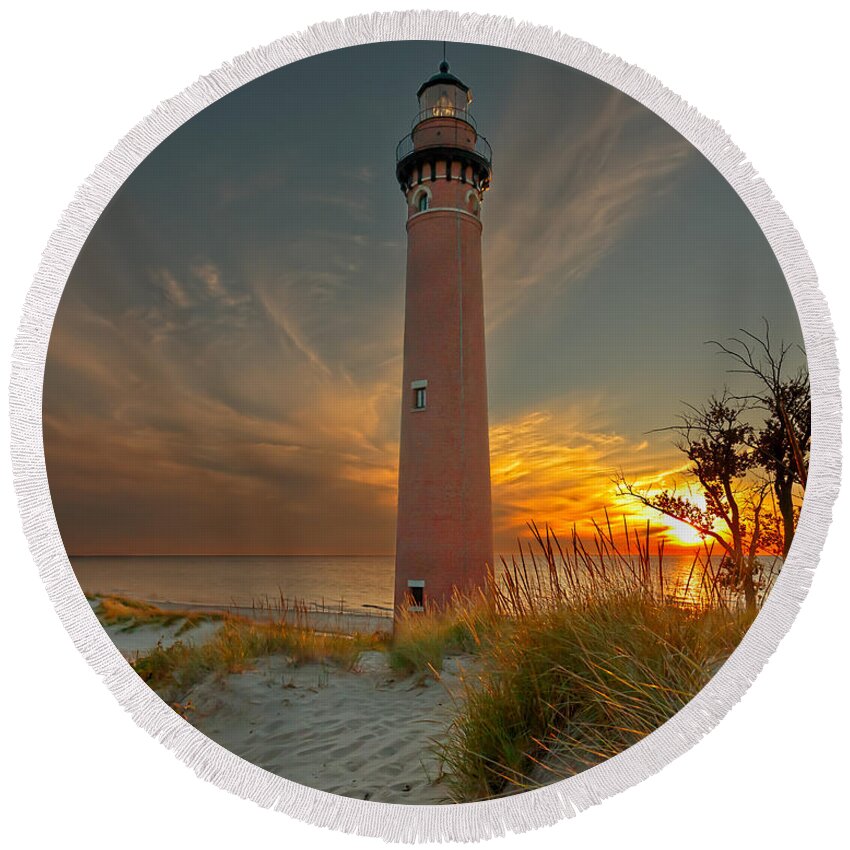Lighthouse Round Beach Towel featuring the photograph Sunset at Petite Pointe Au Sable by Susan Rissi Tregoning