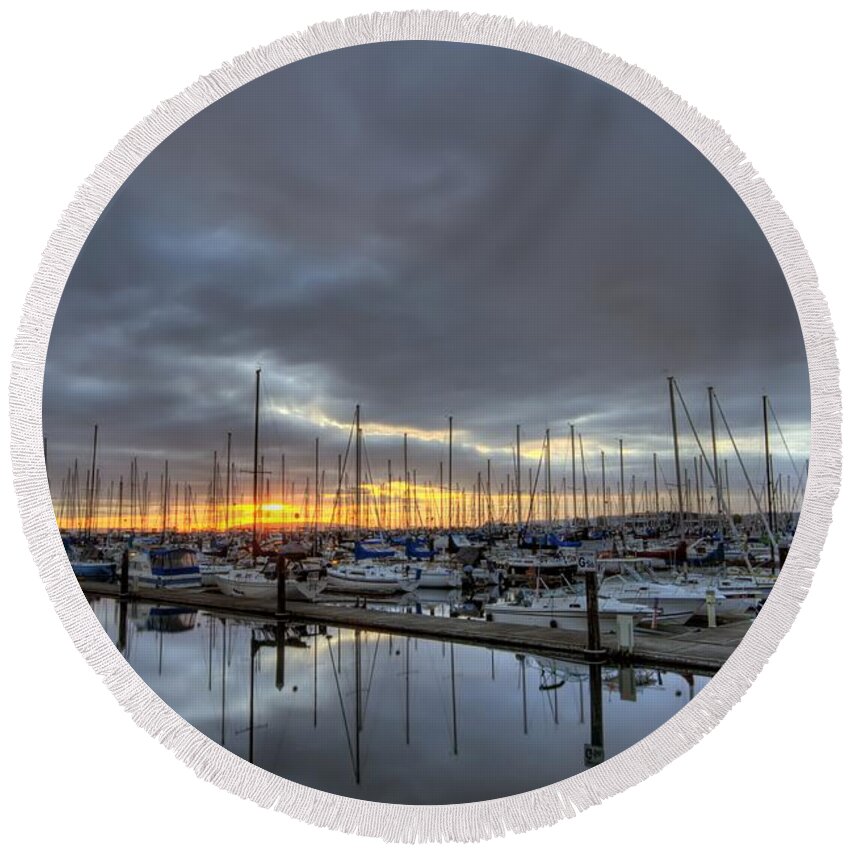 Hdr Round Beach Towel featuring the photograph Sunset at Port Gardner by Brad Granger