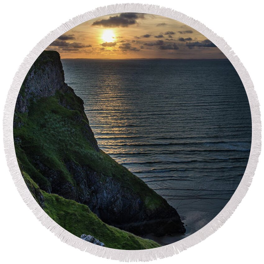 Sunset Round Beach Towel featuring the photograph Sunset at Rhossili Bay by Perry Rodriguez