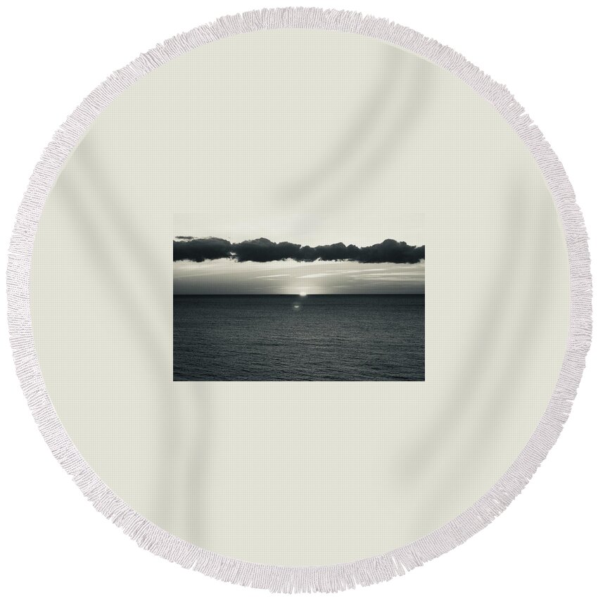 Conversion From Color To B+w Round Beach Towel featuring the photograph Sunset at Sea by Roger Cummiskey