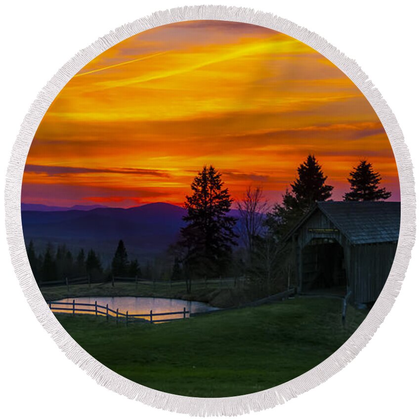 Foster Covered Bridge Round Beach Towel featuring the photograph Sunset at the Foster Covered Bridge by Scenic Vermont Photography