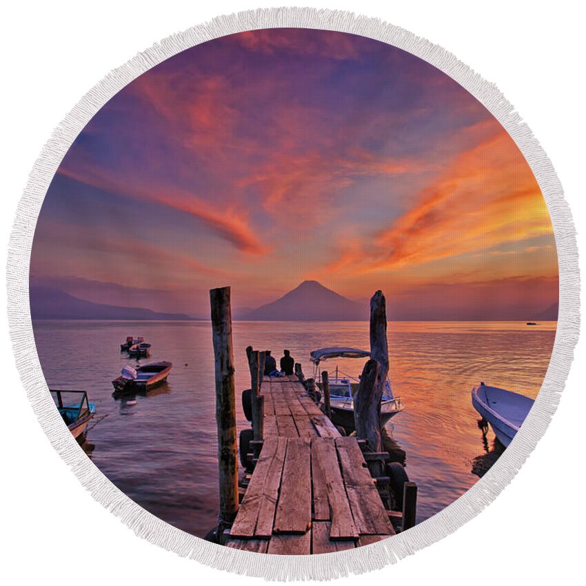 Guatemala Round Beach Towel featuring the photograph Sunset at the Panajachel Pier on Lake Atitlan, Guatemala by Sam Antonio