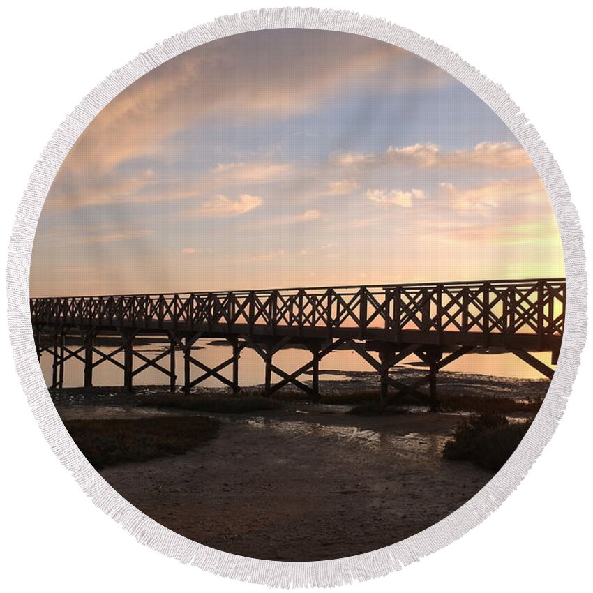 Quinta Do Lago Round Beach Towel featuring the photograph Sunset at the wooden bridge by Angelo DeVal