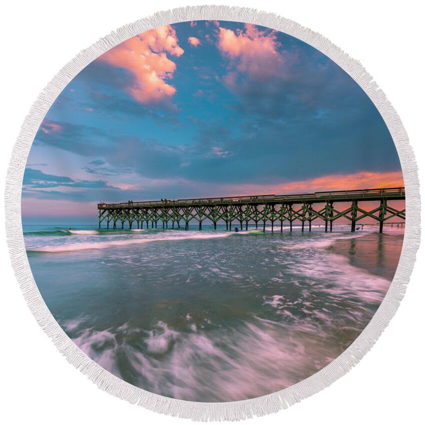 North Round Beach Towel featuring the photograph Sunset at Wilmington Crystal Pier in North Carolina by Ranjay Mitra