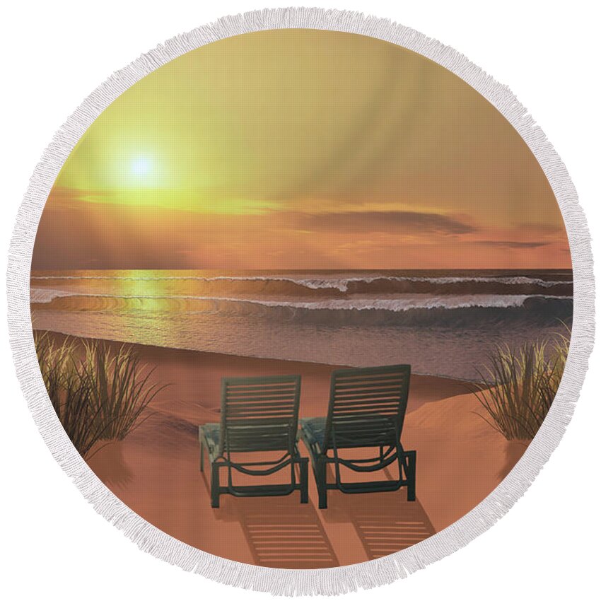 Lounge Chair Round Beach Towel featuring the painting Sunset Beach by Corey Ford