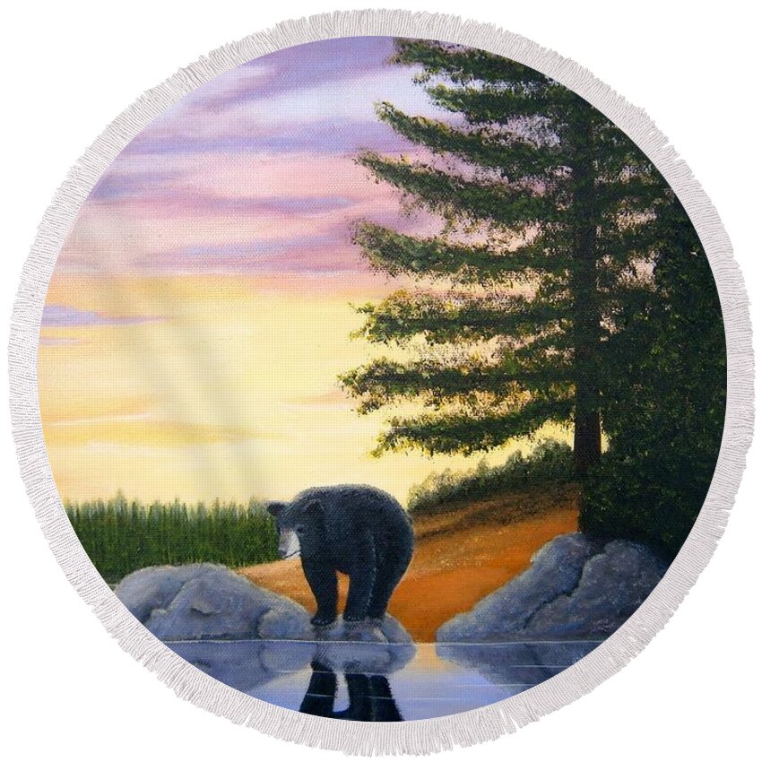 Sunset Round Beach Towel featuring the painting Sunset Bear by Tracey Goodwin