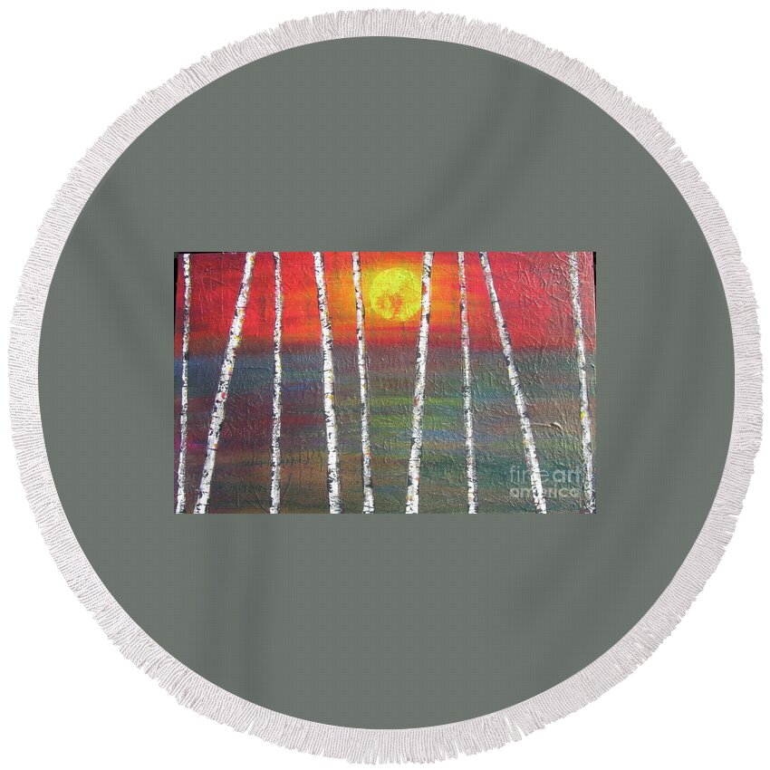Abstract Round Beach Towel featuring the painting Sunset Birch by Jacqueline Athmann