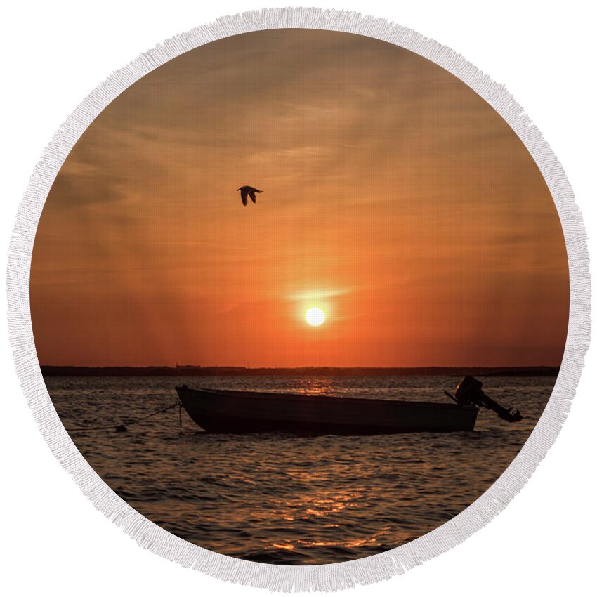 Sunset Boat Lavallette Nj Round Beach Towel featuring the photograph Sunset Boat Lavallette NJ by Terry DeLuco