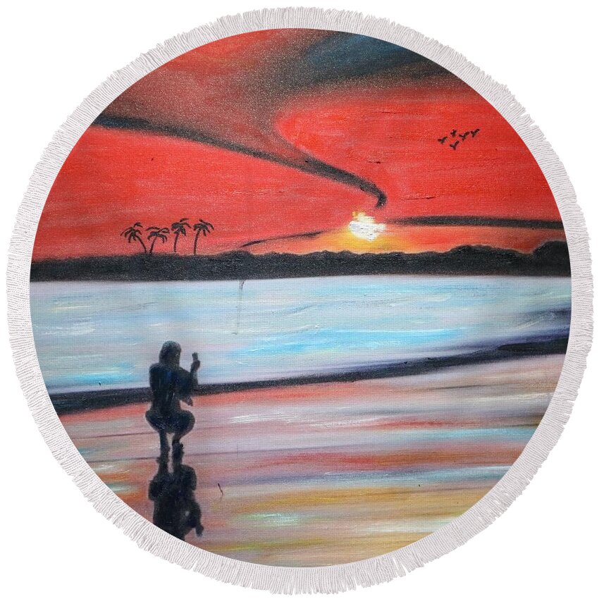 Landscape Round Beach Towel featuring the painting Sunset Boulevard by Sam Shaker