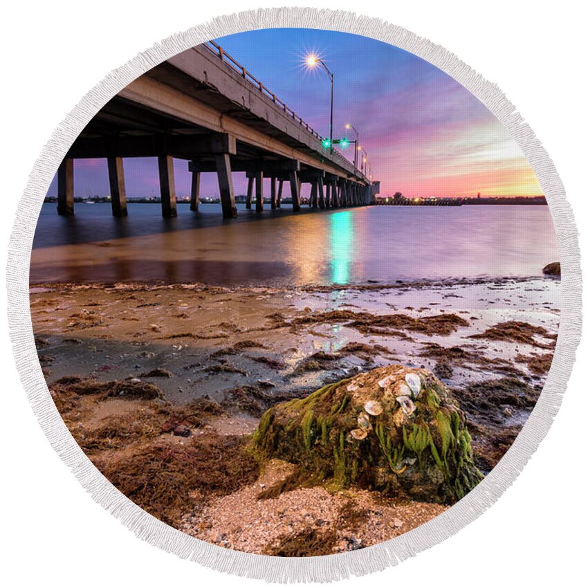 Sunset Round Beach Towel featuring the photograph Sunset by the Drawbridge by Fran Gallogly
