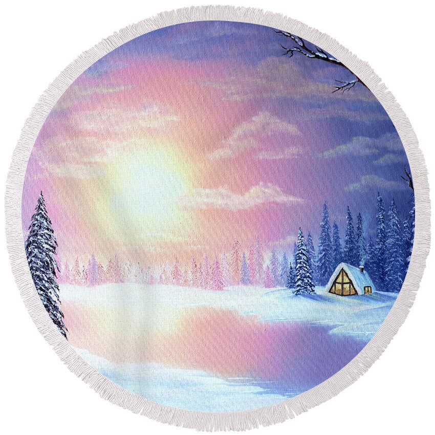 Sunset Round Beach Towel featuring the painting Sunset Chalet by Lori Grimmett