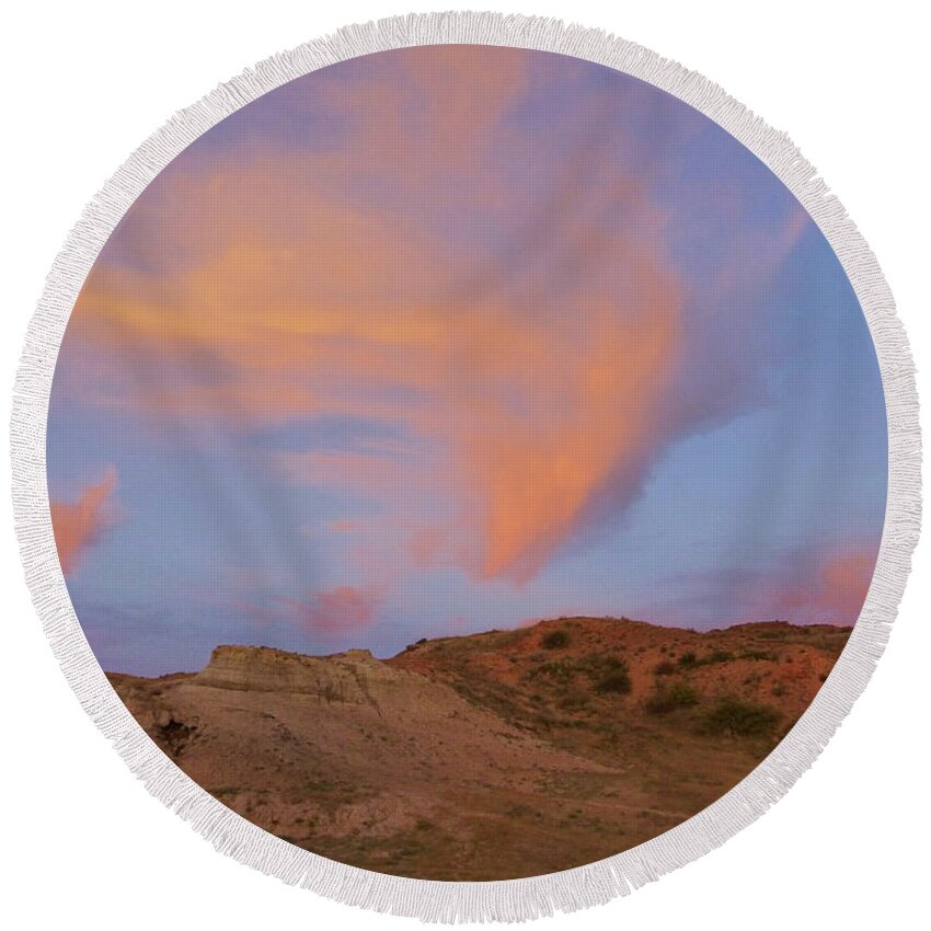 North Dakota Round Beach Towel featuring the photograph Sunset Clouds, Badlands by Cris Fulton