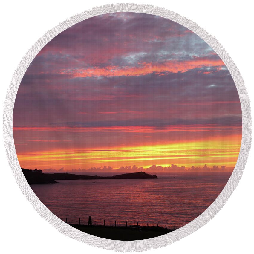 Newquay Round Beach Towel featuring the photograph Sunset Clouds in Newquay Cornwall by Nicholas Burningham