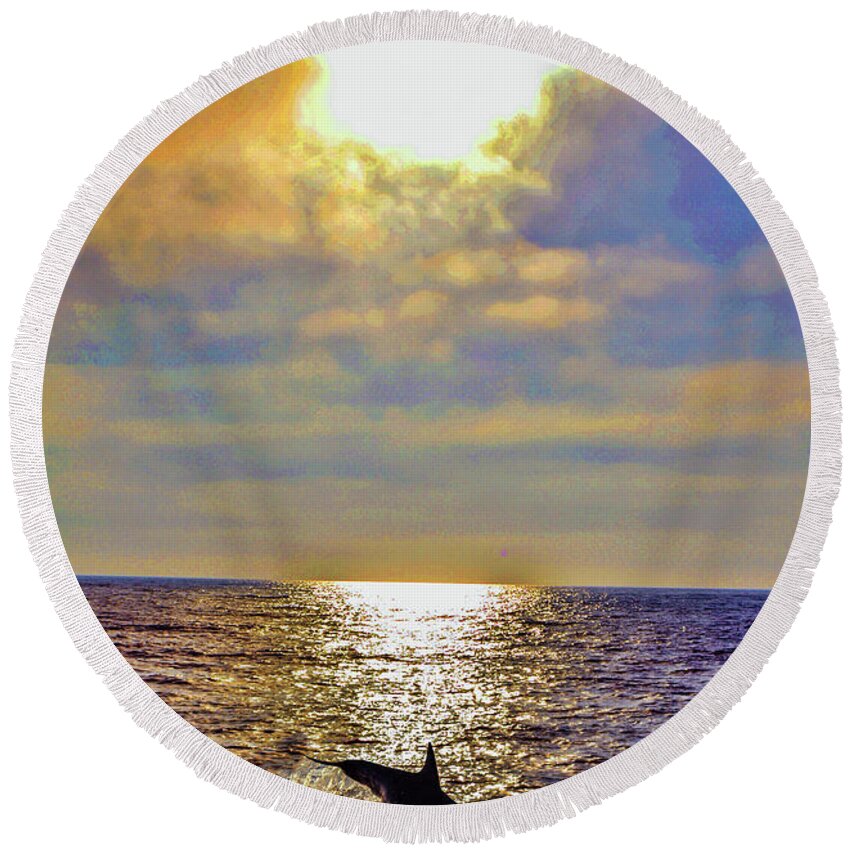 Dolphin Round Beach Towel featuring the photograph Sunset Diving Dolphin by Tommy Anderson