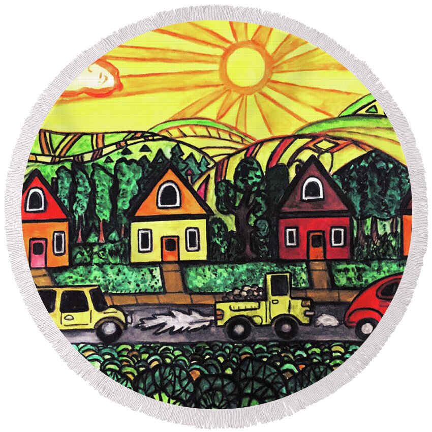 Landscape Round Beach Towel featuring the painting Sunset Drive by Monica Engeler