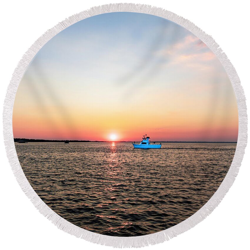2017 Round Beach Towel featuring the photograph Sunset Fishing Boat off Dewey Destin Fl Pier 1208A by Ricardos Creations