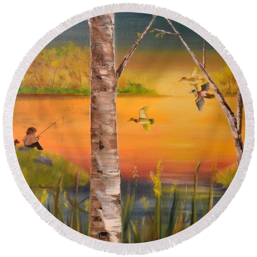 Lake Round Beach Towel featuring the painting Sunset Fishing by Denise Tomasura