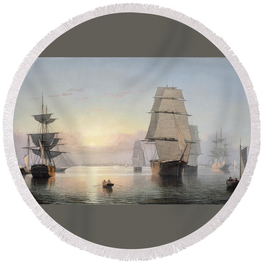 Boston Harbor Round Beach Towel featuring the painting Sunset by Fitz Henry