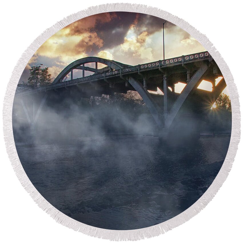 Photo-art Round Beach Towel featuring the photograph Sunset Fog at Caveman Bridge by Mick Anderson