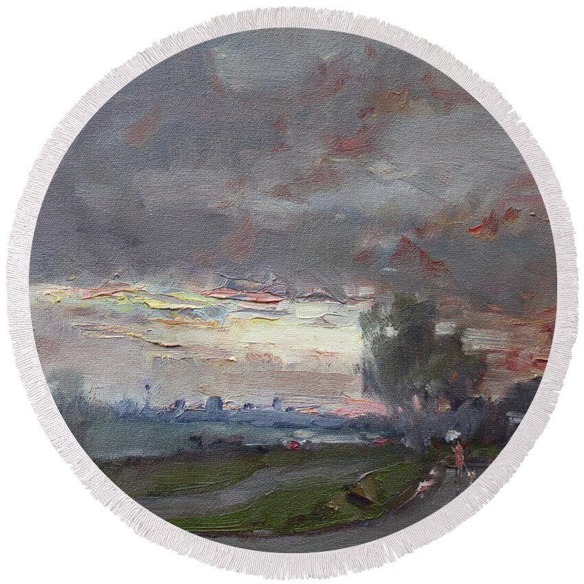 Sunset Round Beach Towel featuring the painting Sunset in a Rainy Day by Ylli Haruni