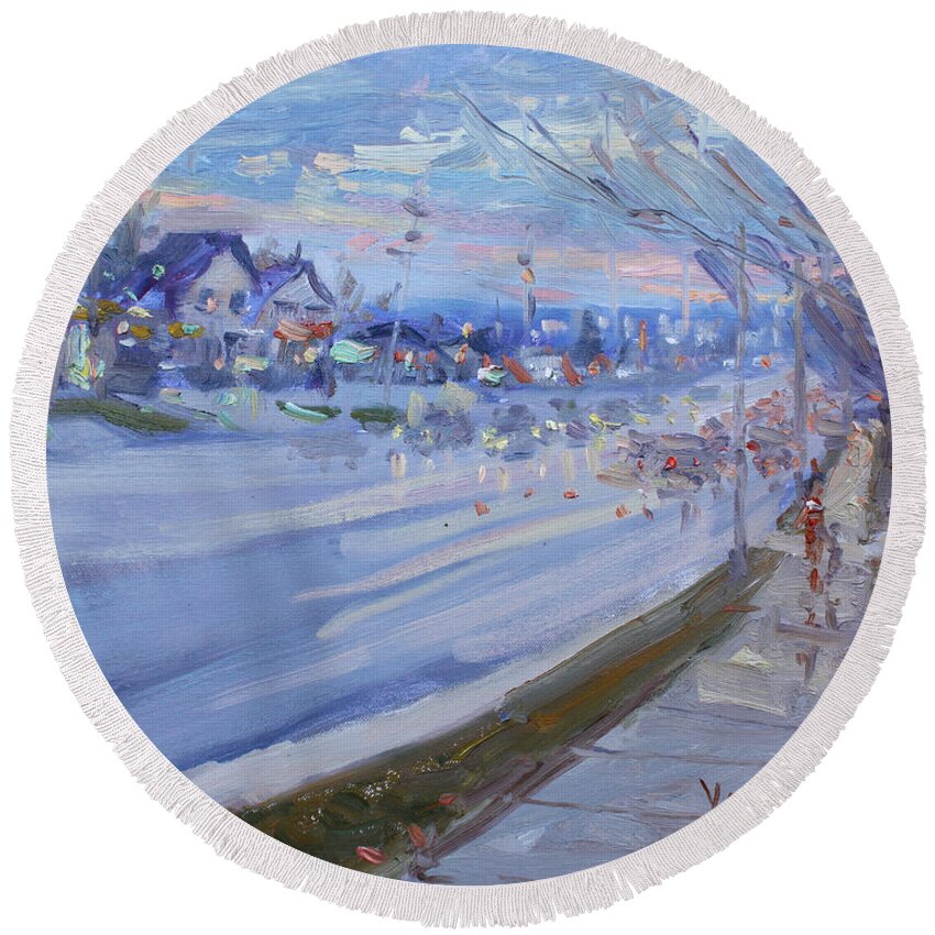 Sunset Round Beach Towel featuring the painting Sunset in Guelph St Georgetown ON by Ylli Haruni