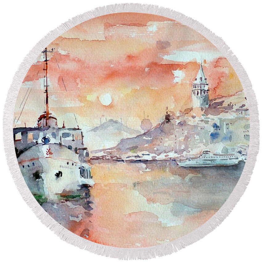 Ship Round Beach Towel featuring the painting Sunset In Istanbul... by Faruk Koksal