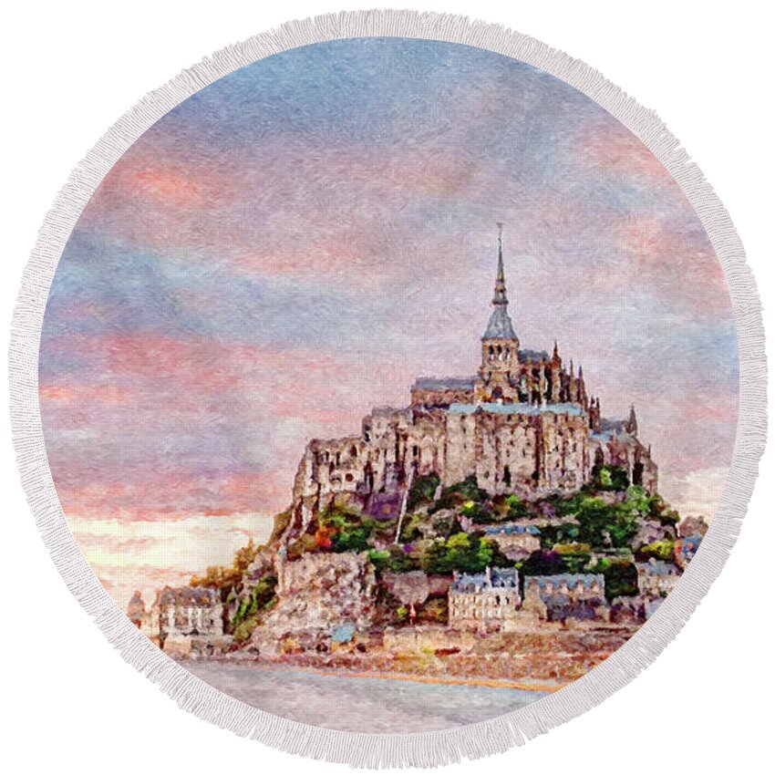 Mont Saint Michel Round Beach Towel featuring the digital art Sunset in Mont Saint Michel by Weston Westmoreland