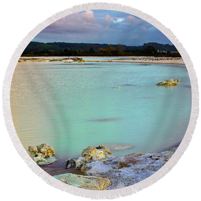 Landscape Round Beach Towel featuring the photograph Sunset in Rotorua New Zealand by Venetia Featherstone-Witty