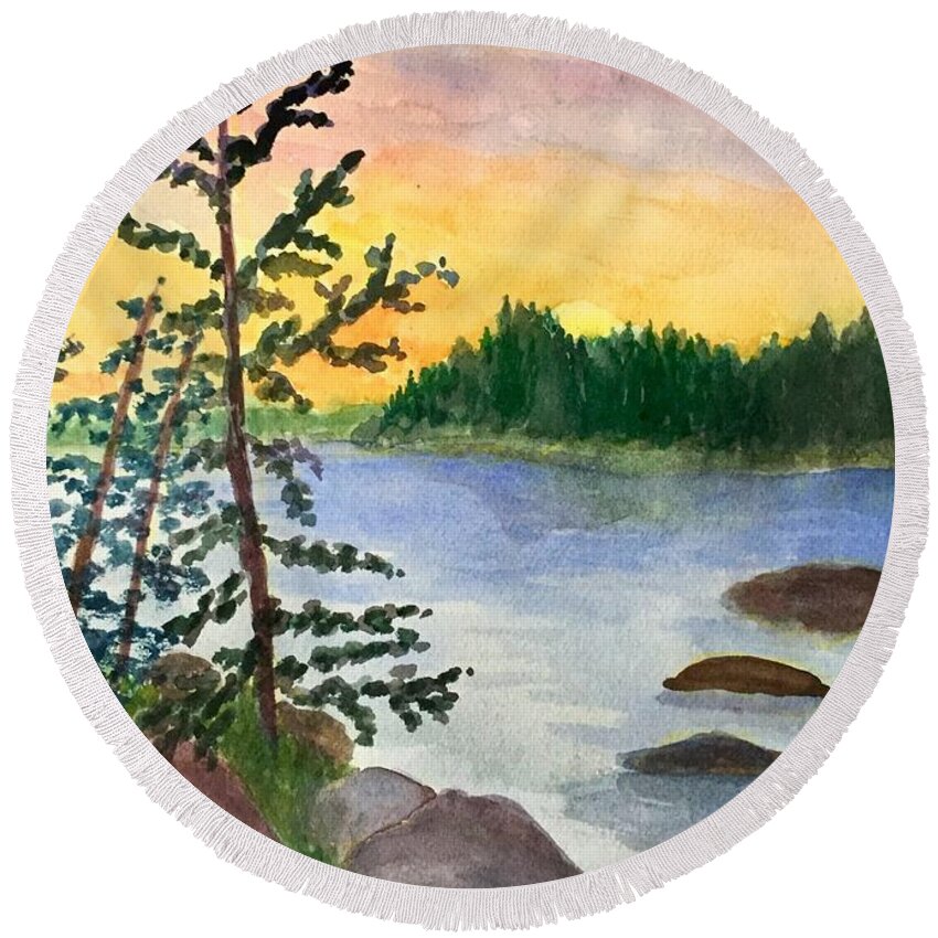 New England Round Beach Towel featuring the painting Sunset in Stonington Maine by Anne Sands