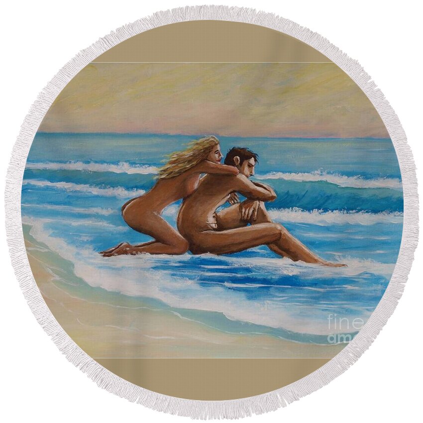 Sunset Round Beach Towel featuring the painting Sunset in the beach by Jean Pierre Bergoeing
