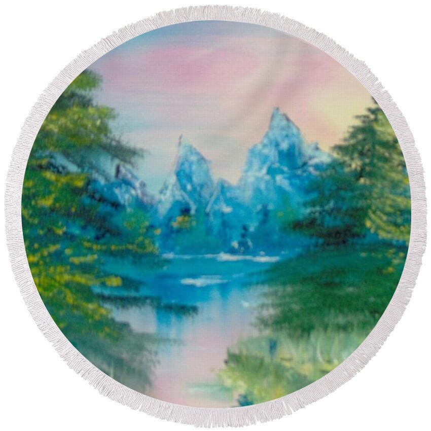 Landscape Round Beach Towel featuring the painting Sunset Lake by Saundra Johnson