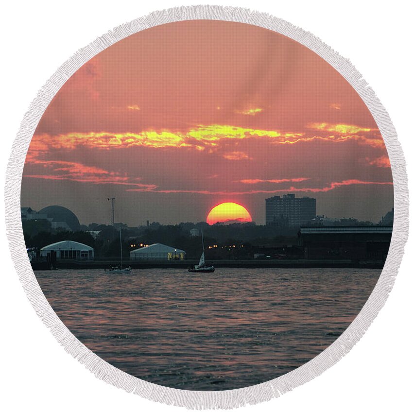 New York City Harbor Round Beach Towel featuring the photograph Sunset NYC Harbor by William Kimble