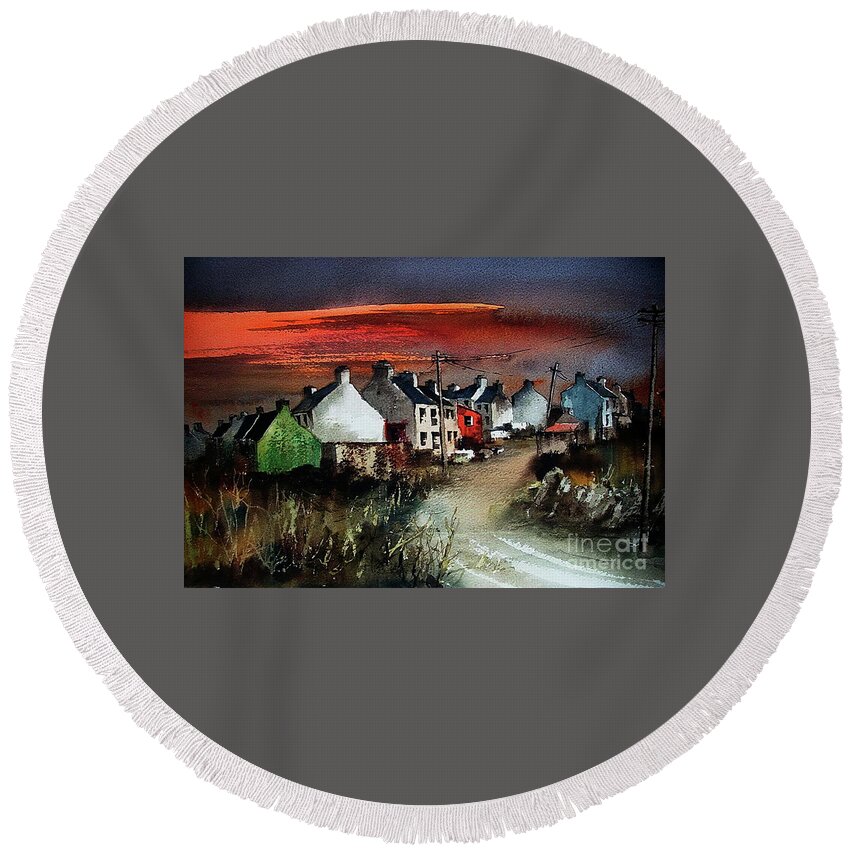 Irish Round Beach Towel featuring the painting Sunset on Allihies, Beara, West Cork by Val Byrne