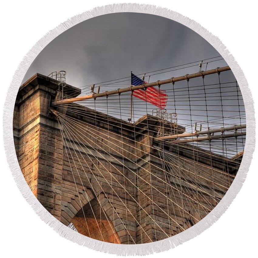 Photograph Round Beach Towel featuring the photograph Sunset on Brooklyn Bridge by Kelly Wade